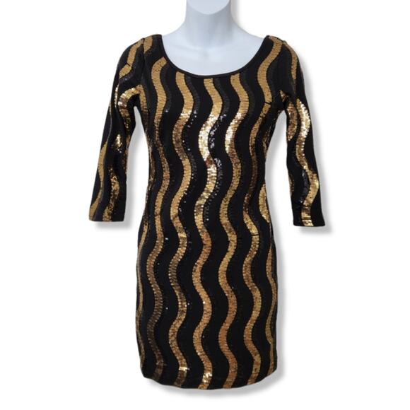 Foreign Exchange Black & Gold Sequined Mini Dress Size M - Picture 1 of 9